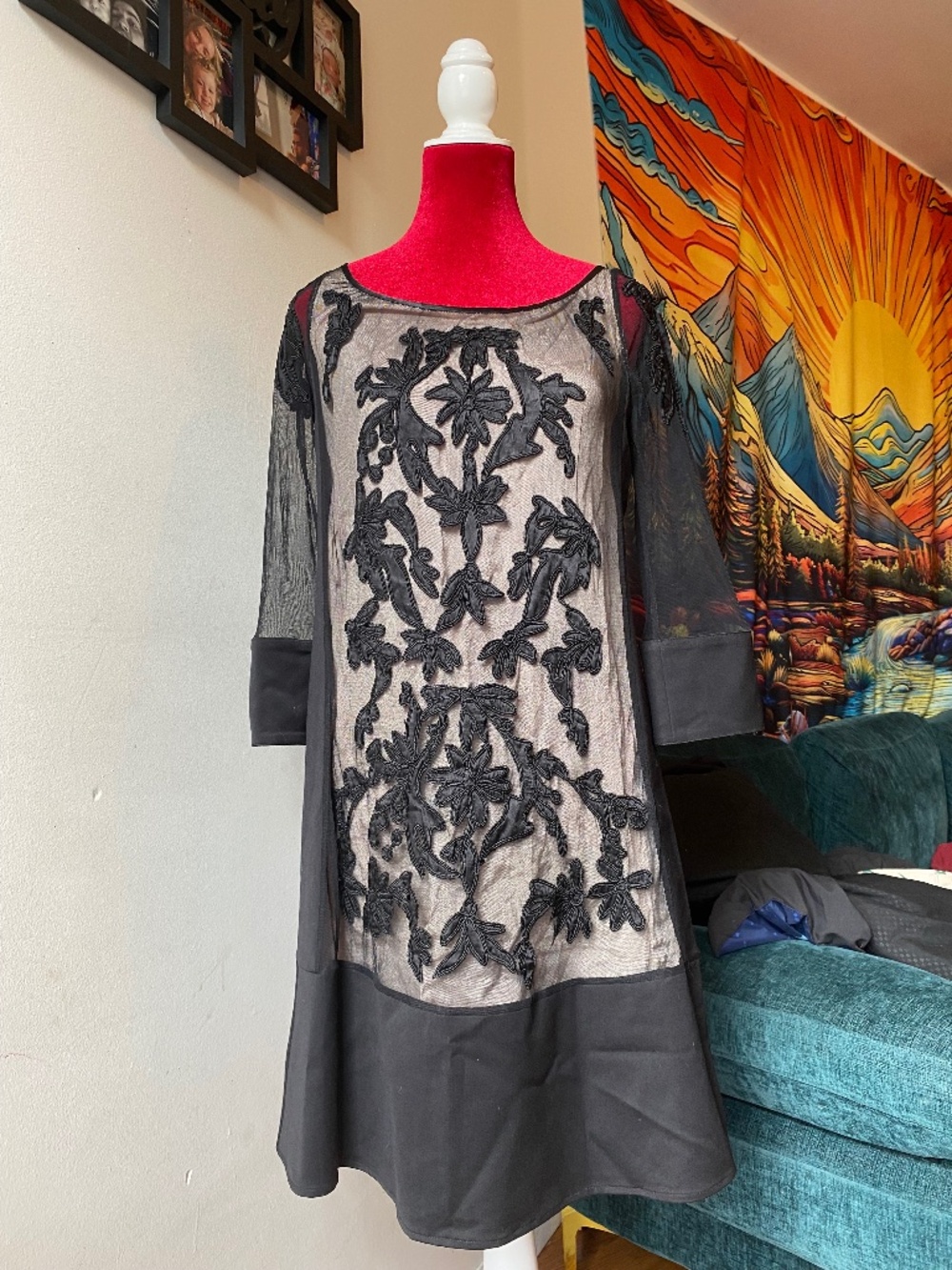NWT black dress with a sheer mesh overlay with intricate floral applique detaili